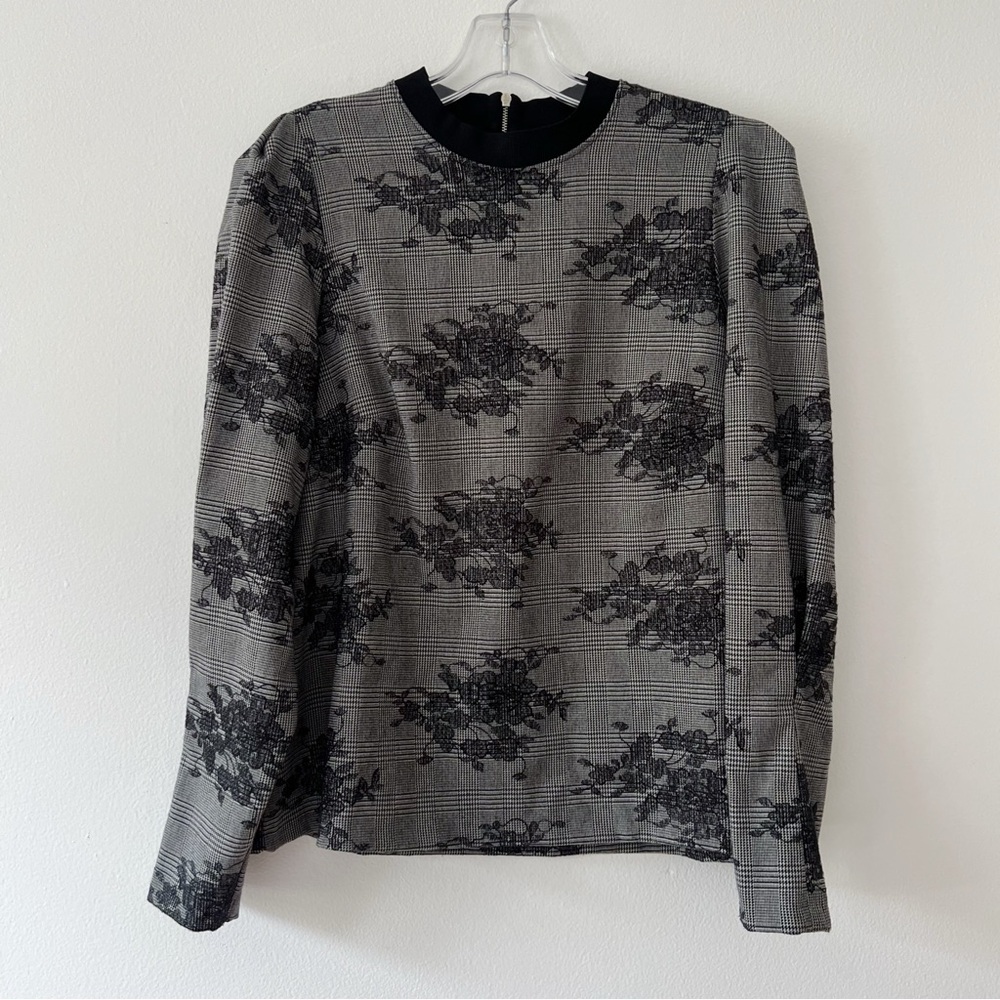 ZARA Glenn Plaid Black and Gray Floral Lace Long Sleeve Top